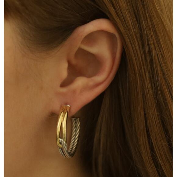 David Yurman Labyrinth Cable Rope Loop Hoop Earrings Gold 18k Silver 925 - Picture 3 of 9